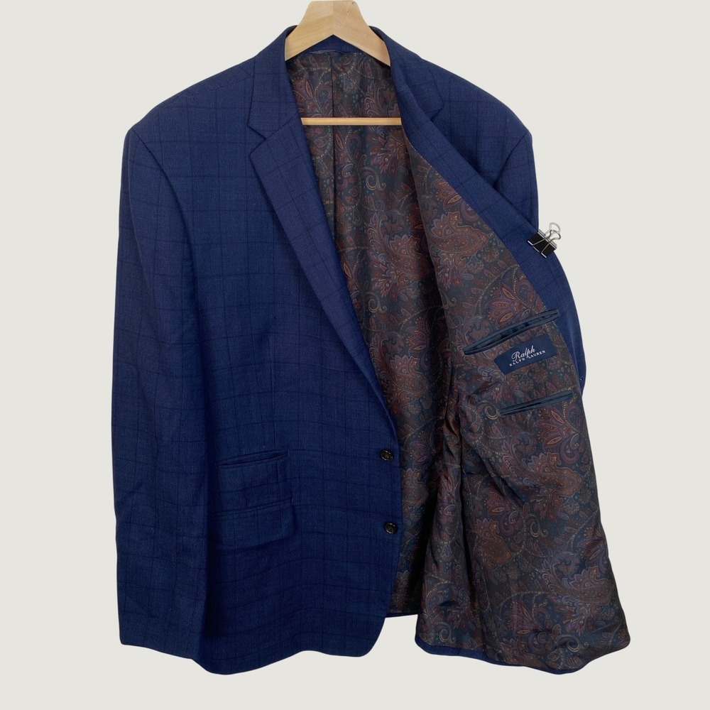 Ralph Ralph Lauren Navy Blue Windowpane Check Paisley Wool 52R Blazer Jacket